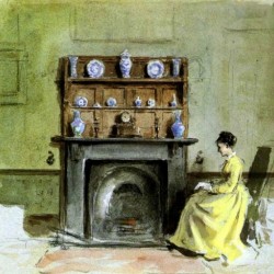 Lady by a fireplace